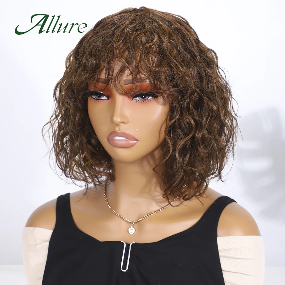 

Water Wave Human Hair Wigs For Black Women Brazilian Brown Colored Hair Wig With Bangs 10 inch Jerry Curly Hair Bob Wigs Allure