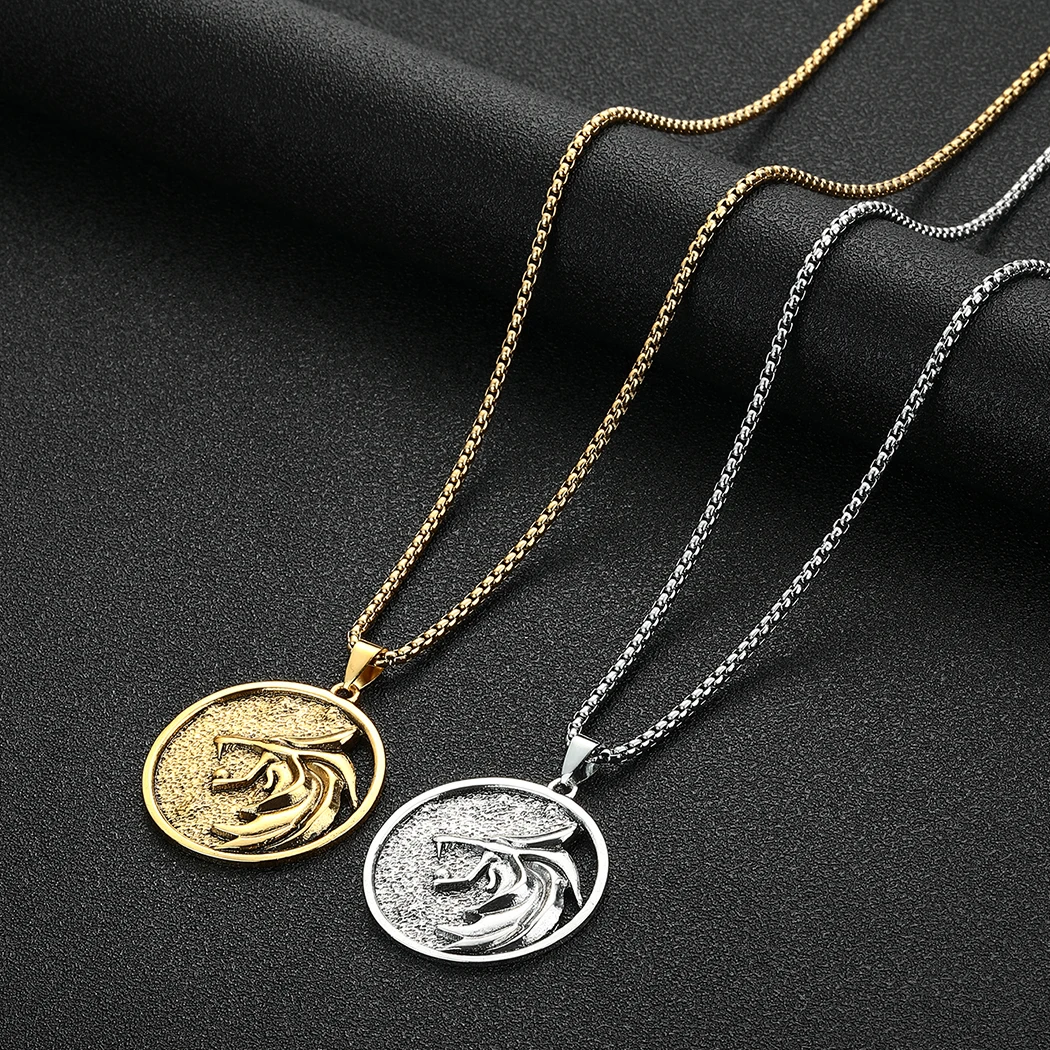 Witcher Geralt of Rivia Medallion White Stainless Steel Wolf Necklace Mens Birthday Pendant Gwynbleidd