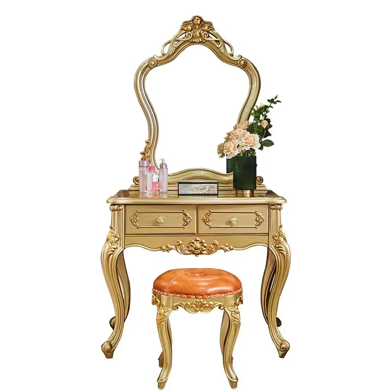 European French Luxury Solid Wood Vanity Dresser Noble Gold Carved Design High-end Princess Makeup Table With Matching Stool