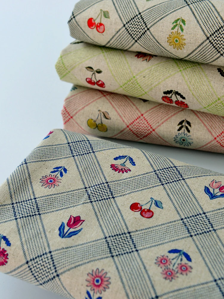 

Cotton and Linen Fabric Vintage Plaid Cherry for Sewing Sofa Pillow Tablecloth Background Cloth by Half meter