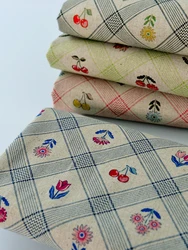 Cotton and Linen Fabric Vintage Plaid Cherry for Sewing Sofa Pillow Tablecloth Background Cloth by Half meter