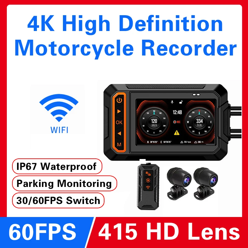 

3 Inches 4K Motorcycle Dashcam With GPS WIFI IP67 Waterproof Dual Lens Motorcycle Black Box Night Vision Video Recorder Dash Cam