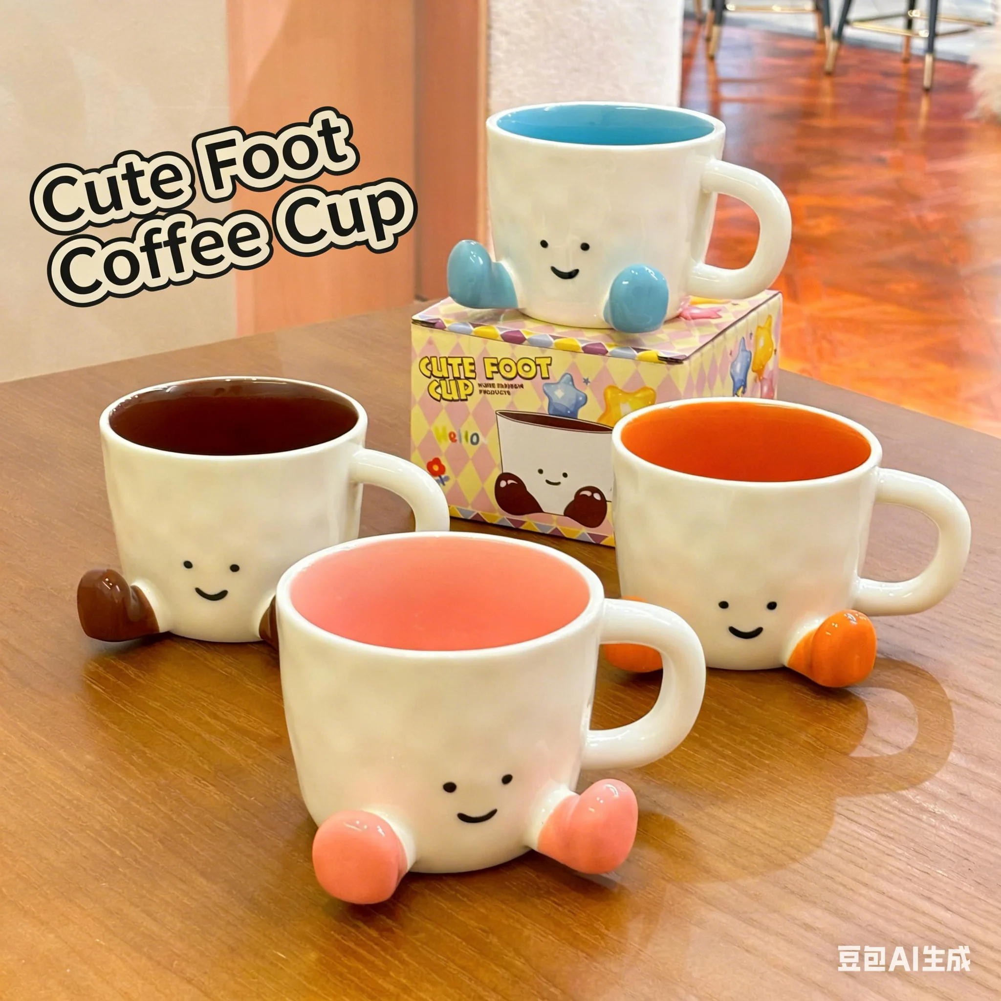 300ml Ceramic Cute Foot Coffee Mug - Cartoon Smiley Design, Multi-Color Inner, Novelty Home Office Cup, Fun Gift Tableware