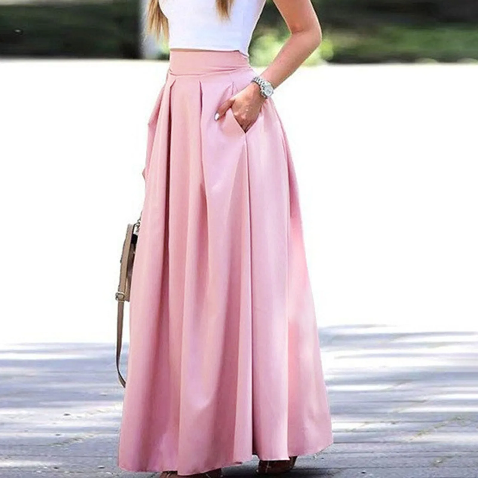 Faldas largas de seda satinada para mujer, vestido holgado de algodón, elegante, con cintura elástica, talla grande