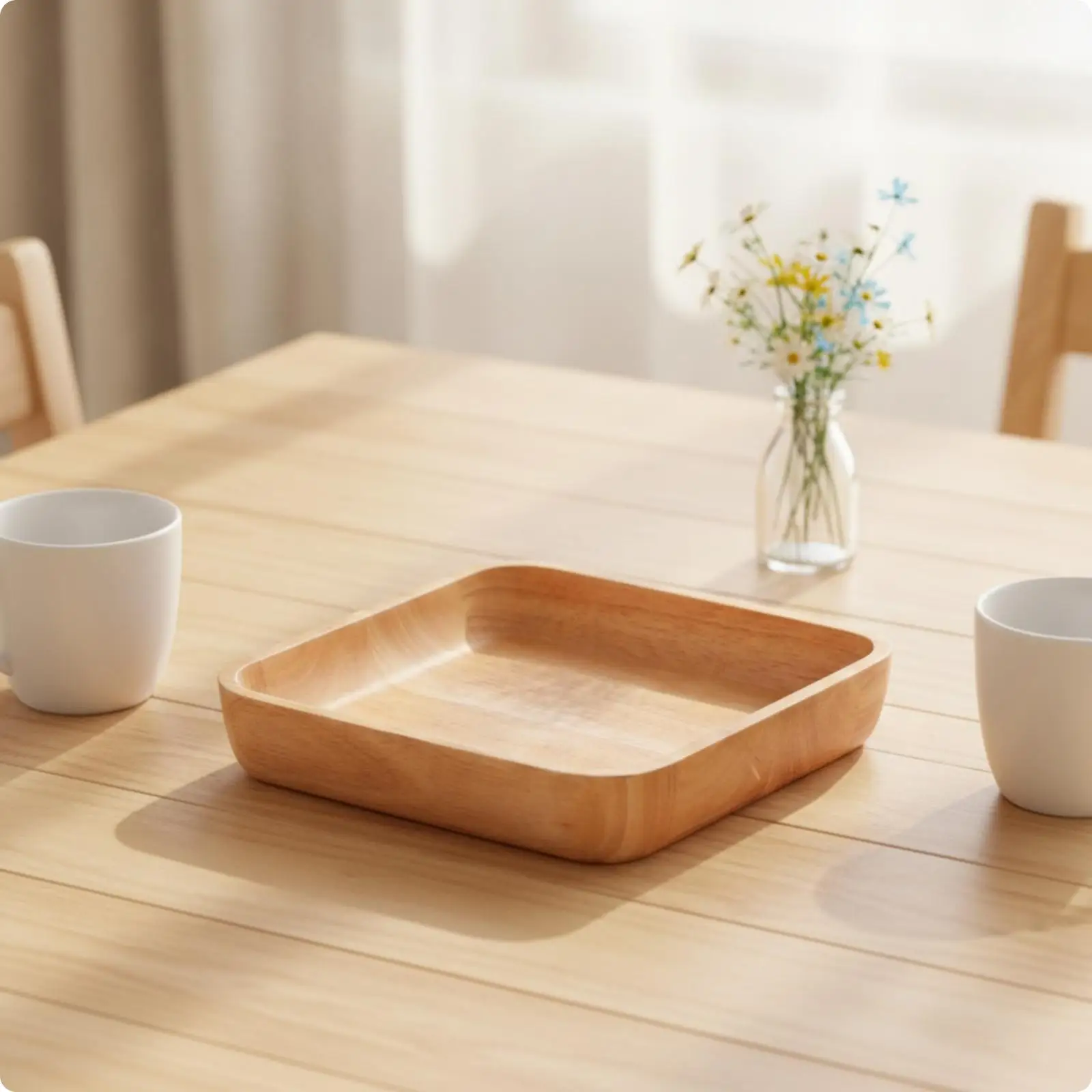 Rubber Wood Square Bowl for Rice Side Dish Serving Tray Natural Grain Tabletop