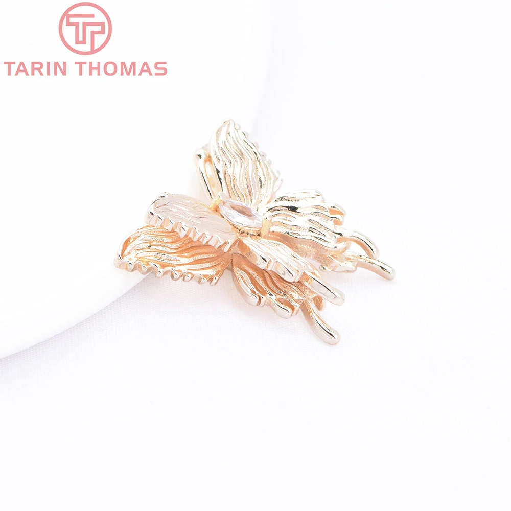 (8768) 4PCS 22x23MM 24K Gold Color Brass with Zircon Butterfly Shaped Pendant Bracelet Beads High Quality Diy Jewelry Finding