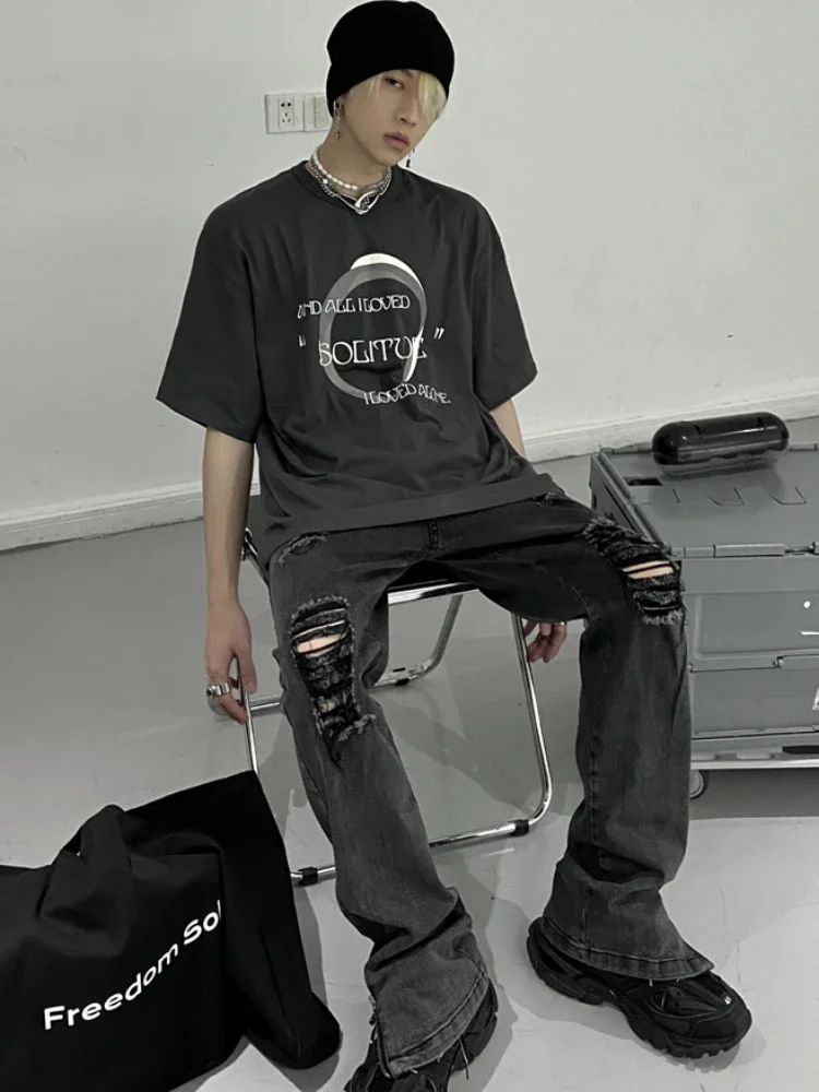 

Джинсы мужские с боковой молнией и отверстием в американском стиле ретро, потертые джинсовые брюки, универсальные брюки в стиле хип-хоп, панк, полная длина, осенняя новинка