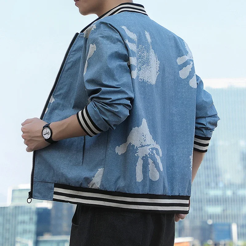 New Arrival Mens Jacket Korean Fashion Print Stand Collar Bomber Jacket Men Casual Regular Fit Daily Outwear Coats Men