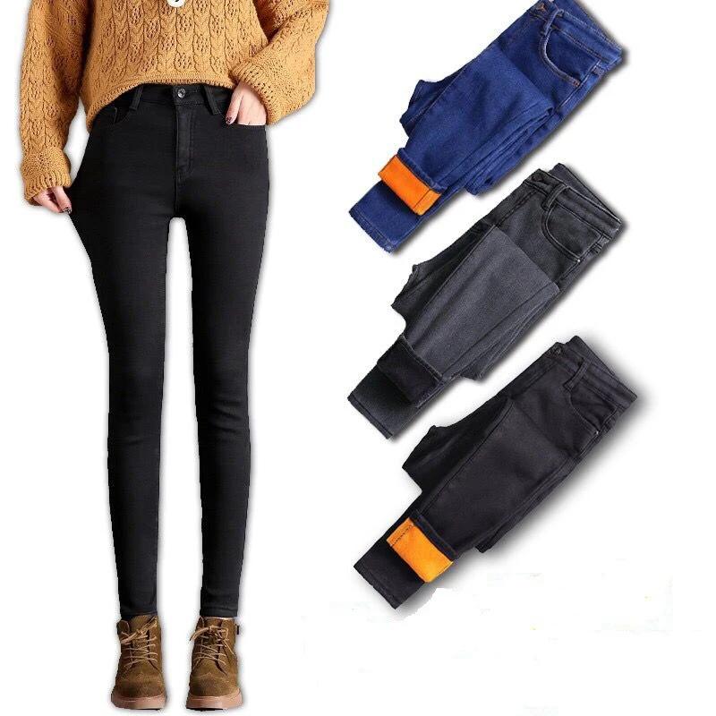 

Autumn Winter Women's High Waist Plush Jeans Thickened Plush Warm Leggings Women Slim Stretch Denim Pencil Pants