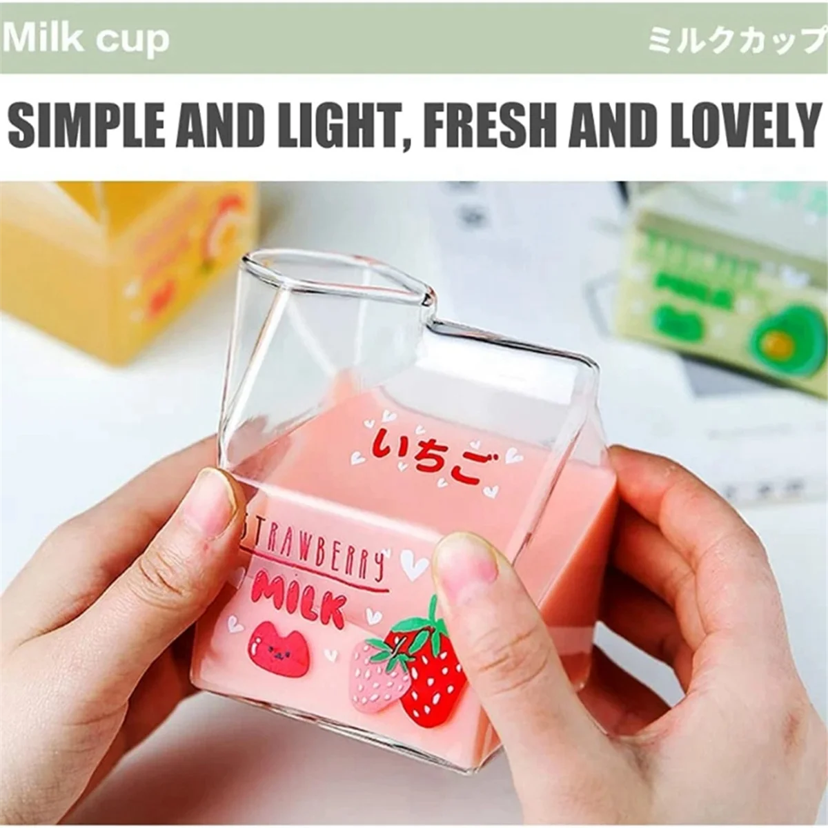 

350ML Kawaii Square Milk Carton Glass Cup Heat Cute Strawberry Peach Breakfast Cup Pudding Cup Milk Bottles, A-A70Z