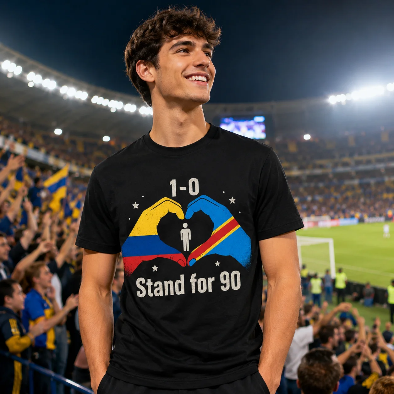 Soccer Fan T Shirt Dual Country Flag Heart Hands Print Casual Top For Stadium Match Cheering