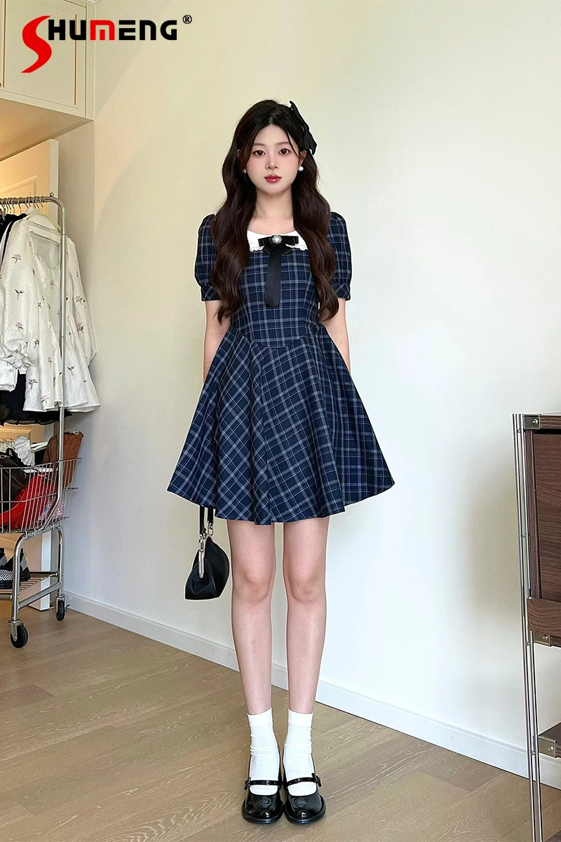 

Sweet Hot Preppy Style Doll Collar Bow Puff Sleeve High Waist A-line Slim Fit Blue Plaid Princess Short Dress For Women Summer