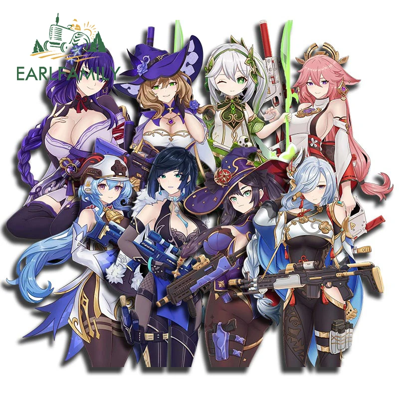 EARLFAMILY 13cm for Genshin Impact Girls with Guns Shoot Car Stickers Fashionable Creative Decals Caravan Windows Car Goods