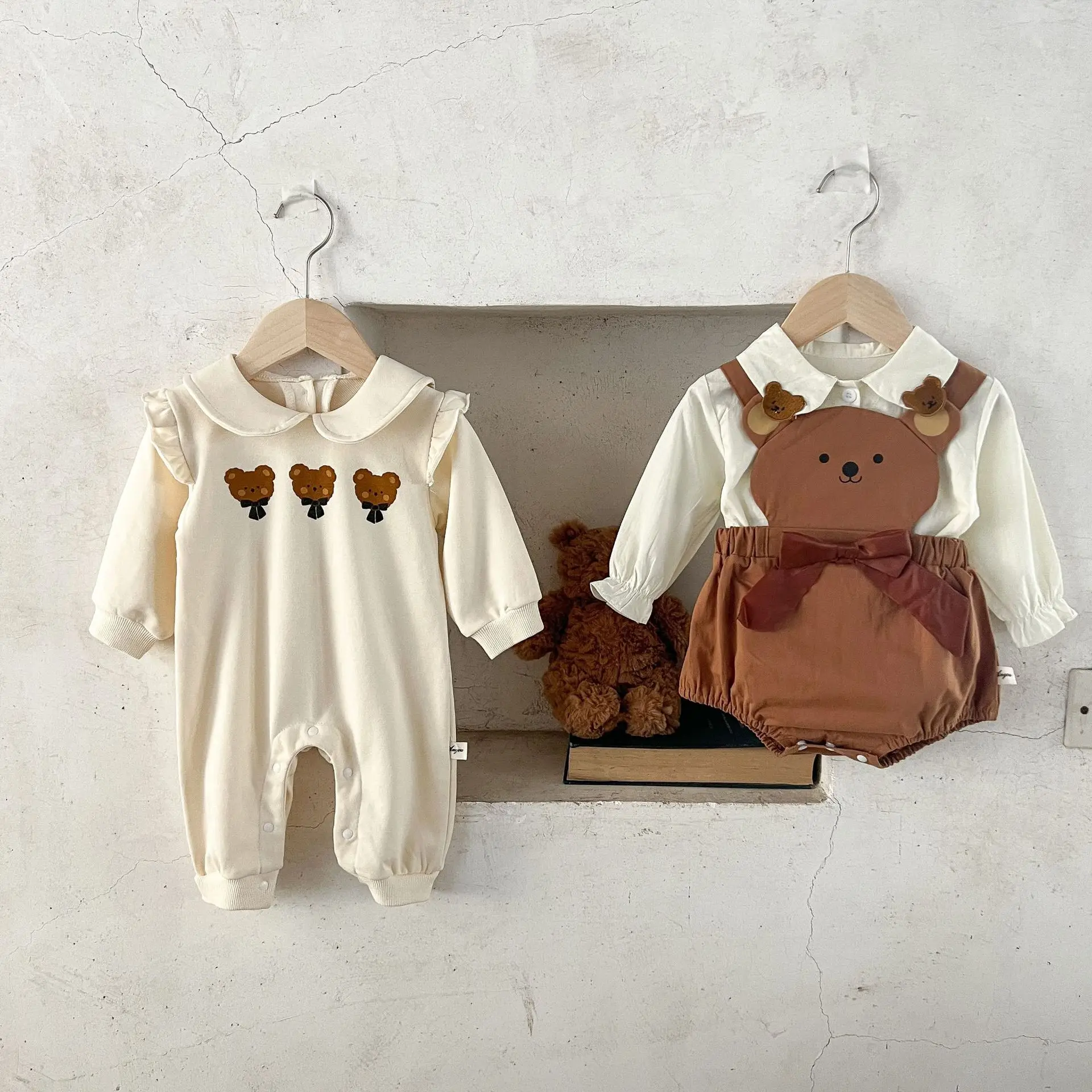 Cute Newborn Baby Girl Clothes INS Spring Long Sleeve Bear Romper Bow Bodysuit Cotton Shirt Tops Outfits For 0-3Years Boys