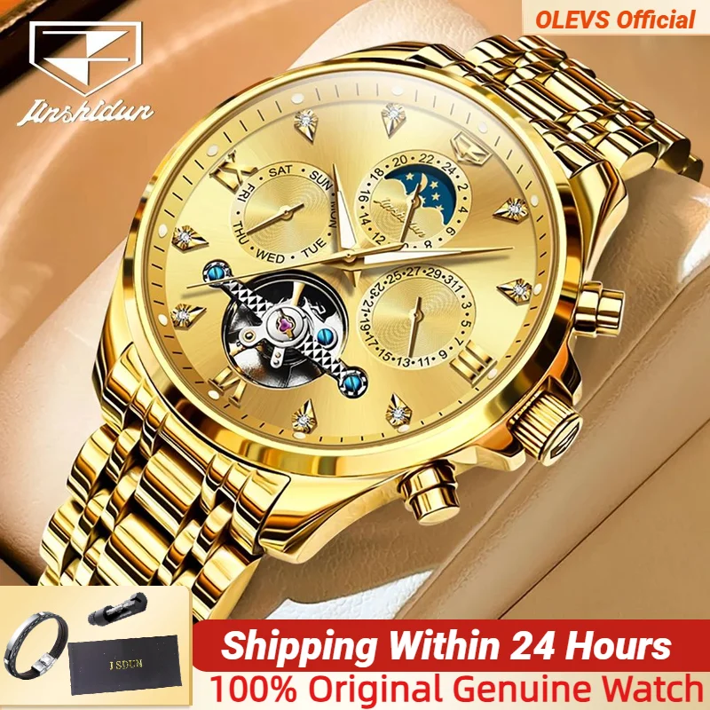 

JSDUN Fully Automatic Men's Watches Skeleton Business Stainless Steel Waterproof Multifunctional Calendar Mechanical Watch Men