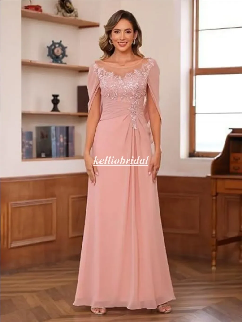

Customized Pink Mother of the Bride Dresses Round Neckline with Half Sleeves Long Modest Women Party Gown BHXY005