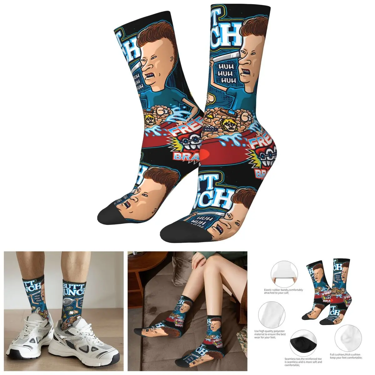 Funny Happy Men's compression Socks Strong Retro Harajuku Beavis and butt-head Hip Hop Novelty Casual Crew Crazy Sock Gift