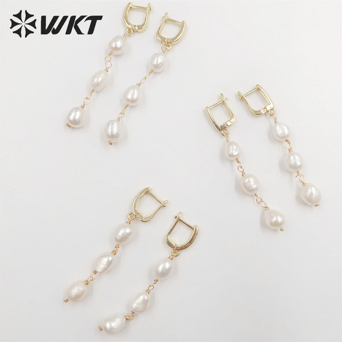 WT-MPE078 New Elegant triple Freshwater Pearl beads make clasp earrings fashion gold dangling wire wrapped real pearl earrings