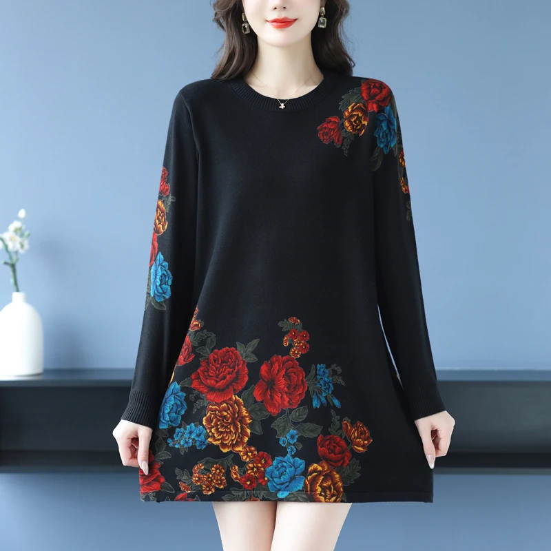 

Print Sweaters Dress Autumn Winter Casual Long Sleeve Top Pullovers Knitwear Jumper Pull Long Sweater Women