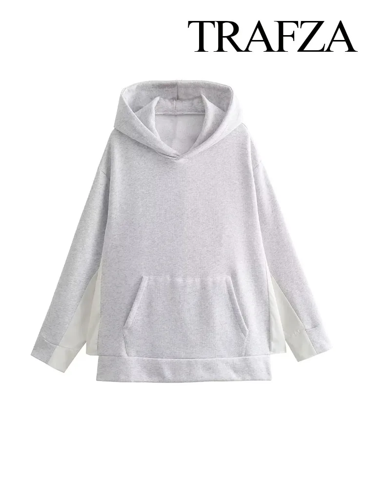 

TRAFZA Autumn Fashion Women Vintage Loose Long Sleeve Hooded Sweatshirts Woman Oversized Splicing Casual Grey Hoodie Pullovers