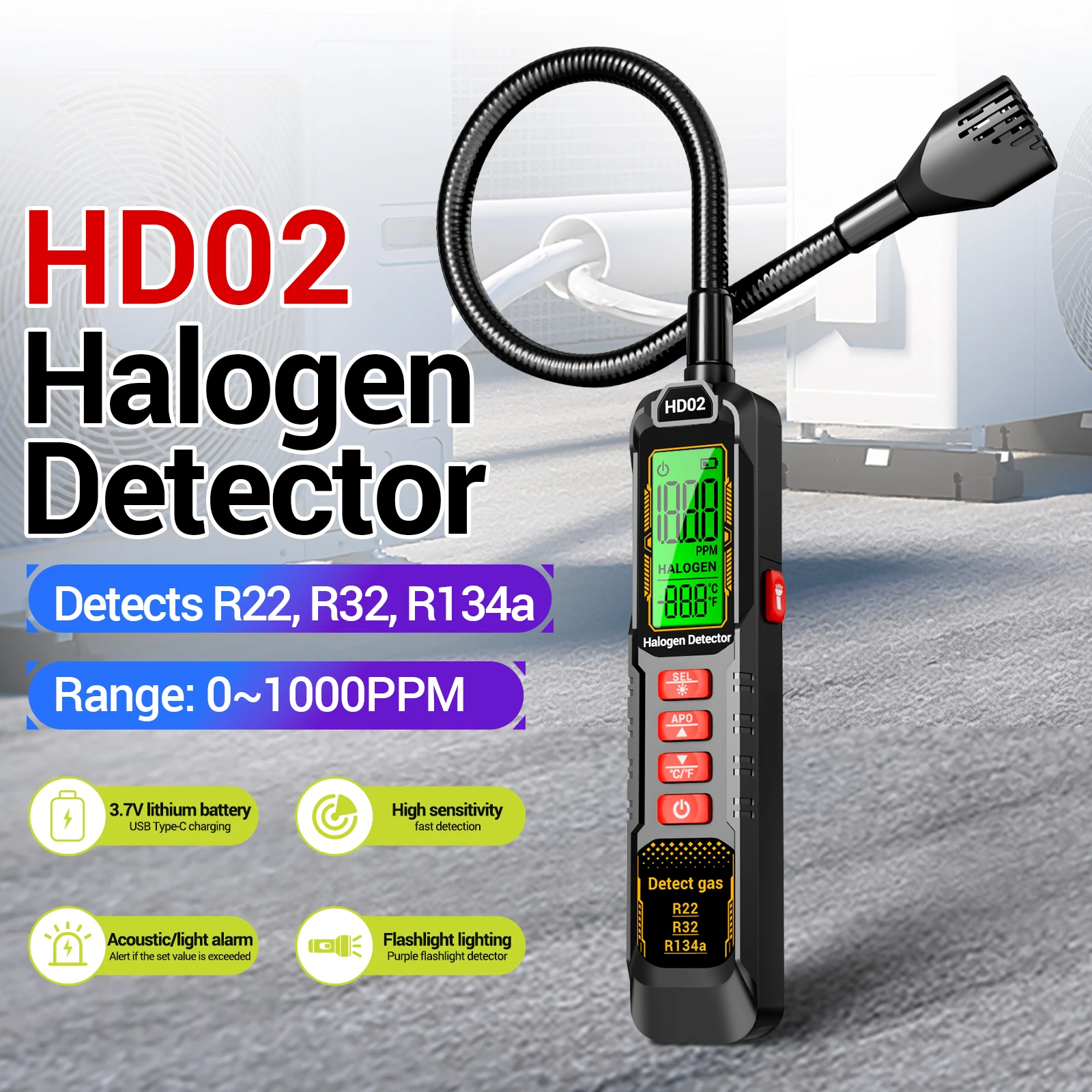 

Интеллектуальный галогенный детектор ANENG HD02 (0-1000 PPM) с звуковой и световой сигнализацией, USB-зарядкой, инструмент для обслуживания кондиционеров