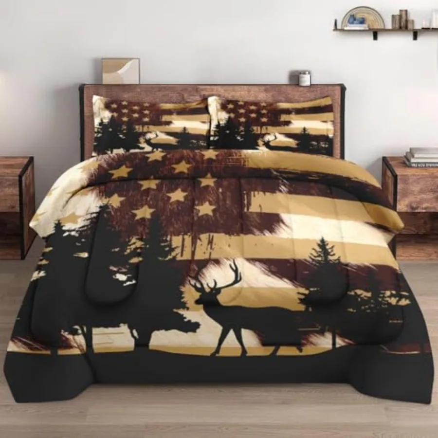 

Size Comforter Set with 2 Pillowcases, Tree 3 Pcs Bedding for and Adults, Retro American Flag Soft Comforter Set for Bedroom Be