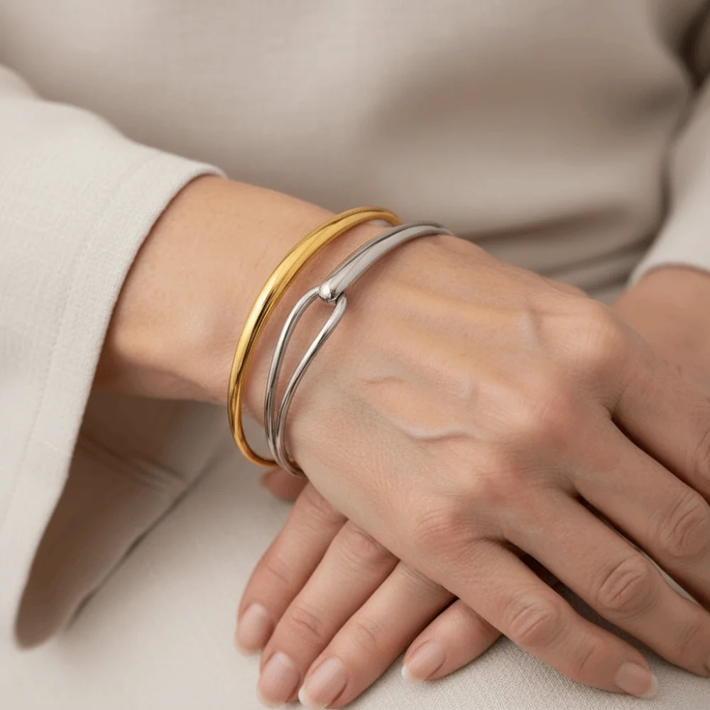 Interlocking Loop Bangles Streamlined Non Tarnish Hook Bracelets Flexible High Polished Fluid Cuffs Office Ladies