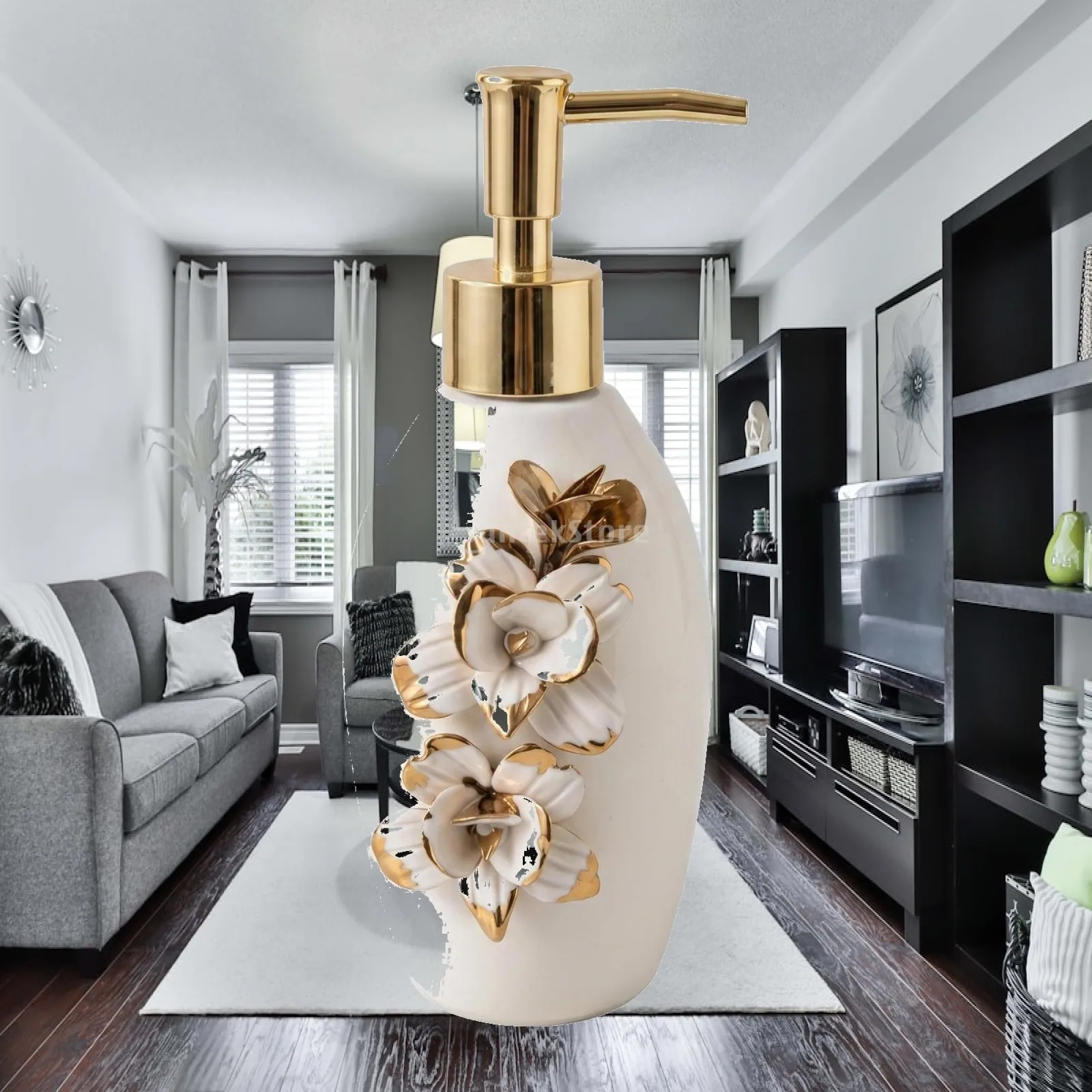 Elegant Ceramic Soap Dispenser Bottle Raised Flower Pattern Gold Pump Head for Hand Wash Lotion Shower Gel Use
