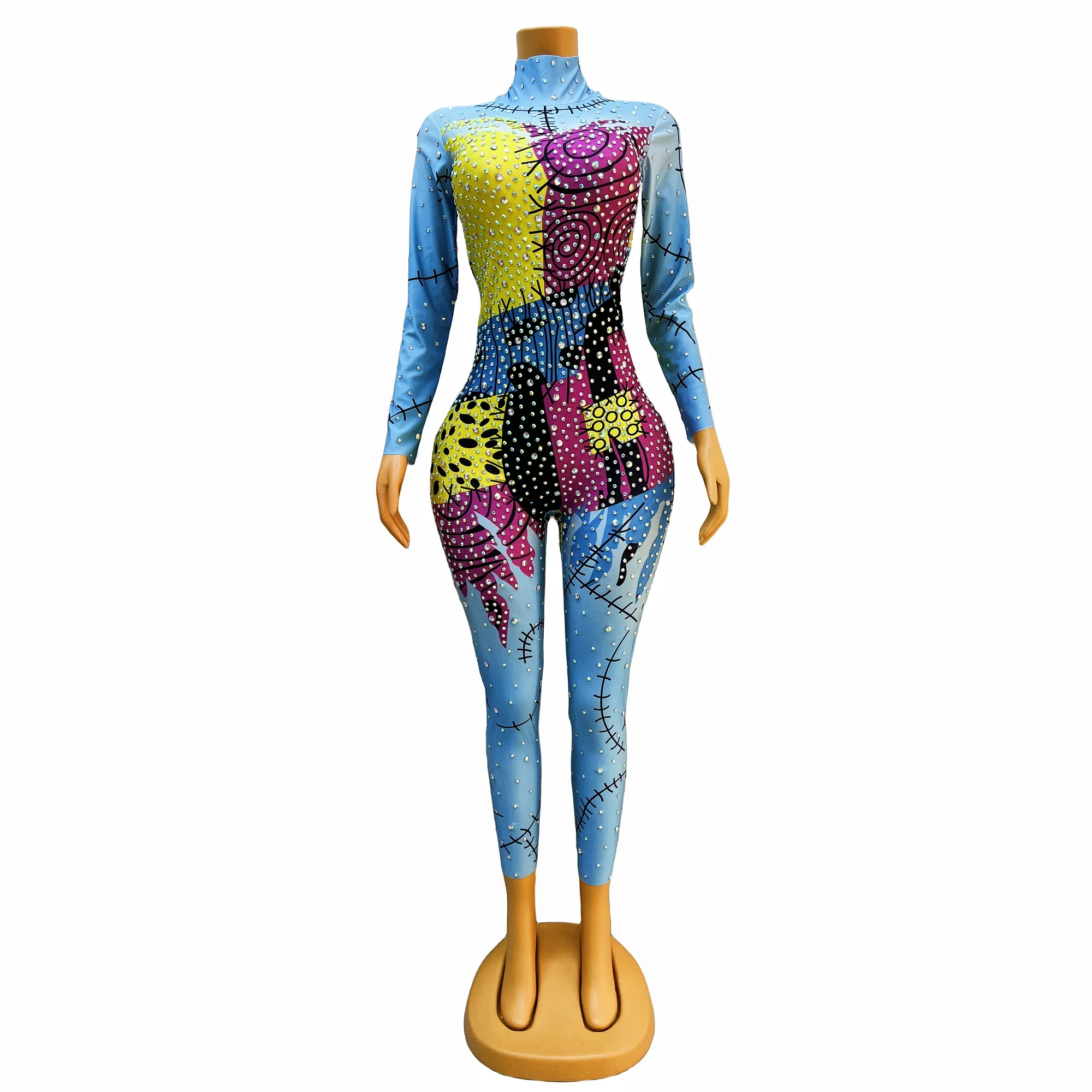 Dames Verjaardag Vieren Jumpsuit Prom Nachtclub Vrouwen Zangeres Dansleggings Hemelsblauwe Kleurrijke Ab Strass Bodysuit