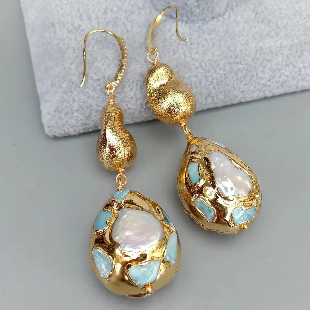 KKGEM  22x28mm  natural Blue larimar Pave Cultured White Pearl Teardrop Shape  Brushed Bead Dangle Hook Earrings