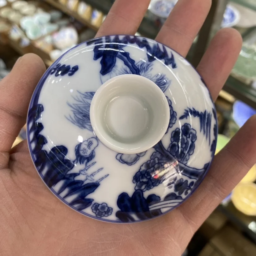 Handmade Jingdezhen Blue and White Devil Gaiwan Teacup with Lid Non-Scald Tea Brewing Bowl Household Porcelain Kung Fu Set