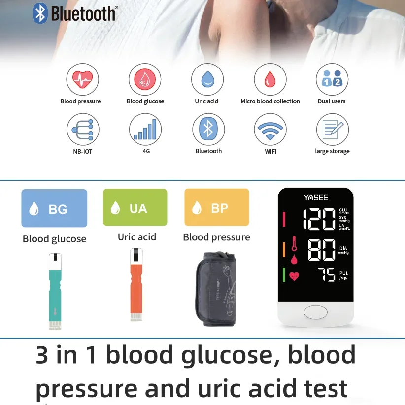 3 in1 Multifunction Blood pressure And Blood glucose And Uric acid Test Large LCD display Meter Glucometer Kit Diabetes