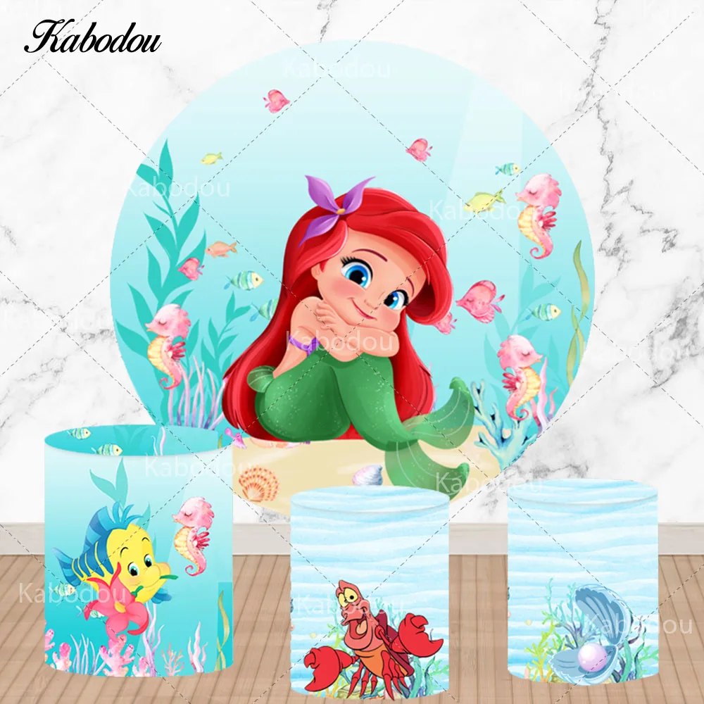 Little Mermaid Circle Photo Backdrop Girls Birthday Baby Shower Disney Princess Round Photography Background Cylinder Covers