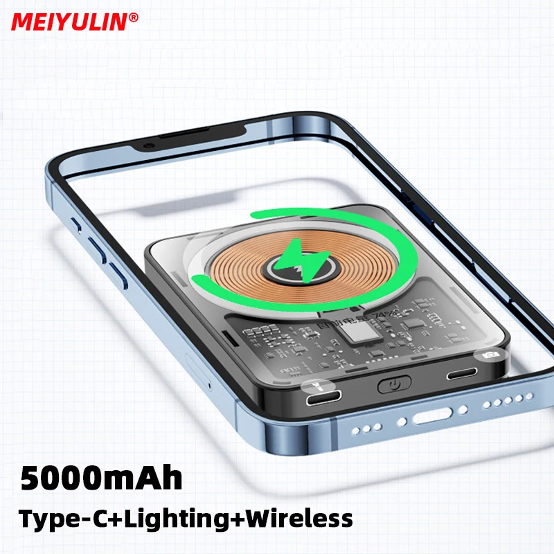 10000mAh Transparent Magnetic Wireless Power Bank Folding Stand Portable External Auxiliary Battery Charger for iPhone 14 Xiaomi