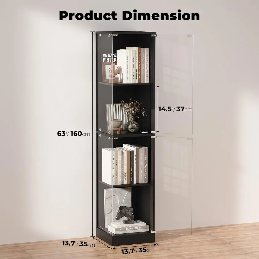 Corner Display Cabinet with Glass Doors, Curio Cabinet with 3 Color LED Lights for Collectibles, 4-Tier Display Case with Human