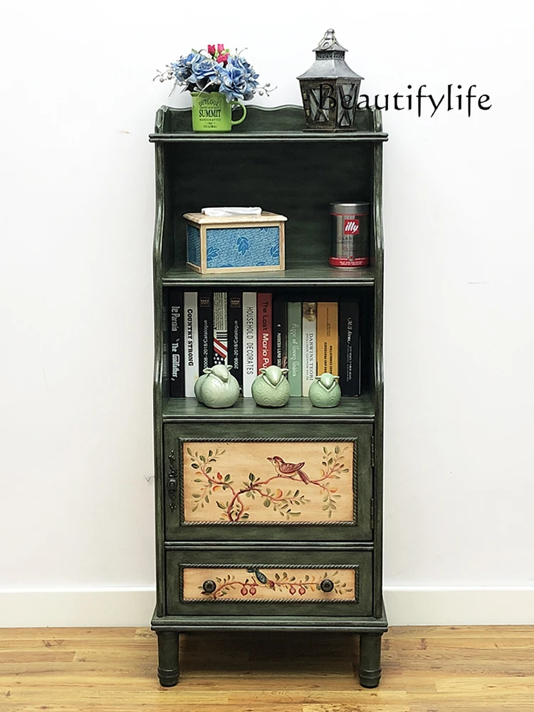 

American-Style Solid Wood Small Bookshelf Living Room Vintage Display Cabinet Mediterranean Painted Furniture Storage Cabinet