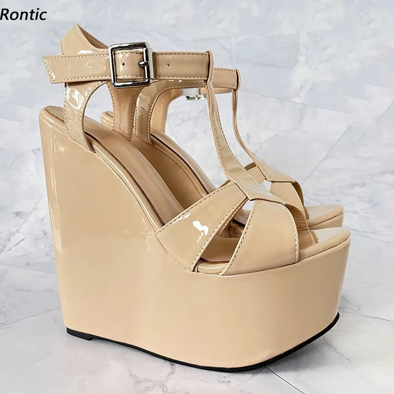 Rontic New Women Summer Platform T-strap Sandals Wedges High Heels Round Toe Beautiful Beige White Party Shoes US Plus Size 5-15