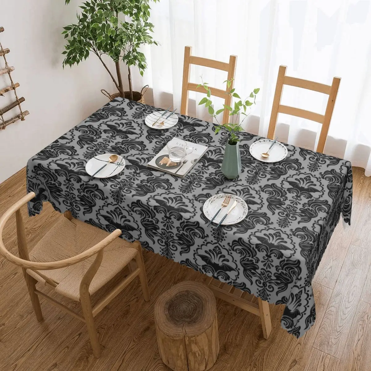 Custom Rectangular Waterproof Oil-Proof Halloween Spooky Bat Damask Tablecloth Table Covers 40