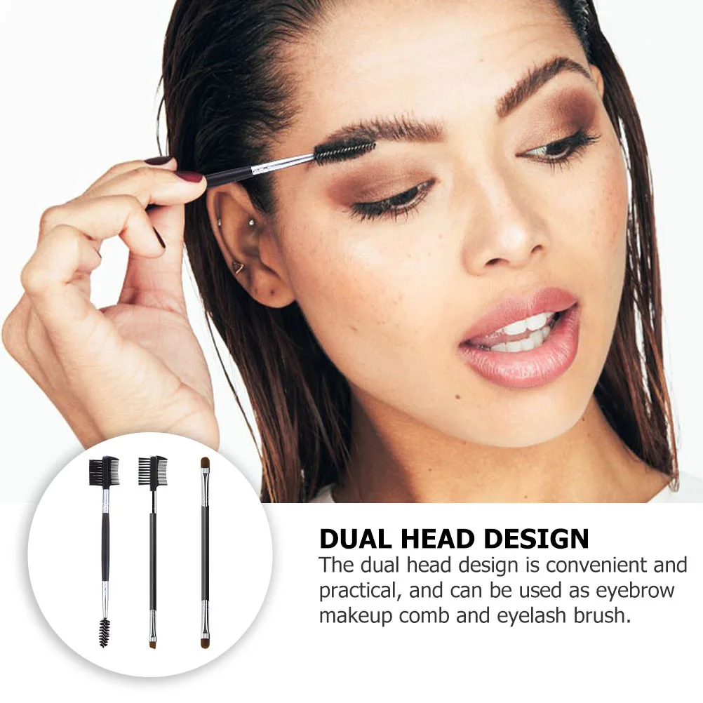 3 個両端眉毛コーム黒ポータブルメイクアップツール女性のためのスパイラルまつげブラシグルーミング多機能