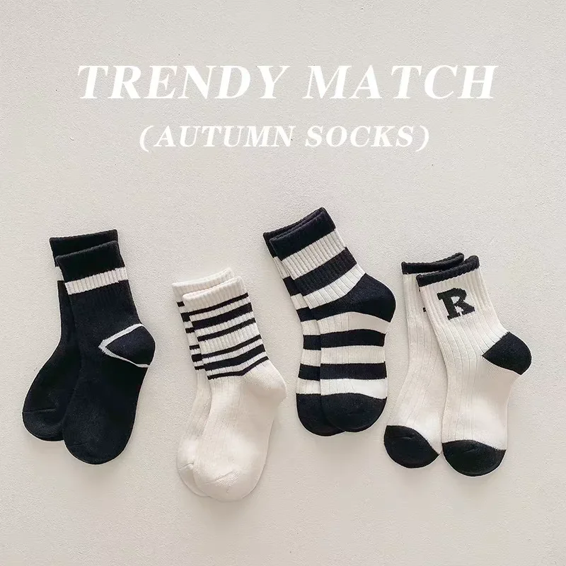 4Pairs Letter Striped Thick Warm Cotton Kids Half Socks Cute Cozy Sports Soft Breathable Brushed Children's Sock For Boys Girls