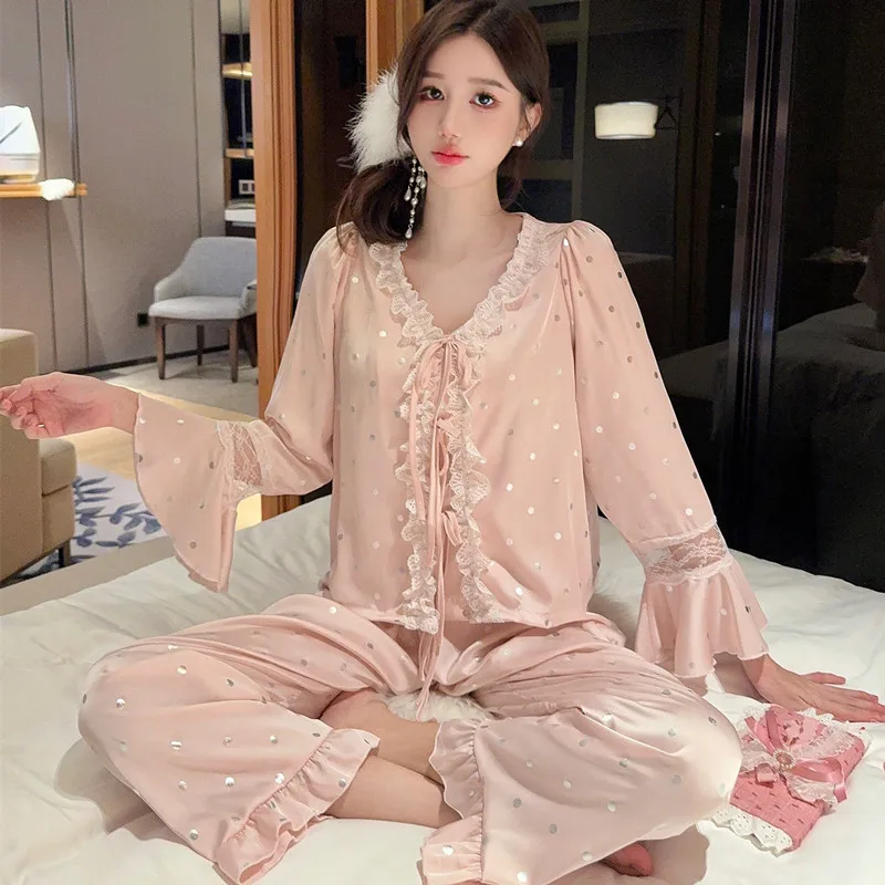 2Pcs Pijamas Set Lace Sleepwear Pajamas Suit Women Rayon Home Clothes Spring Lapel Long Sleeve Shirt&pants Nightwear Lingerie