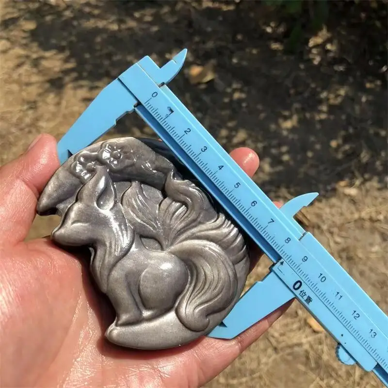 Natural Silver Obsidian Moon Nine-tailed Fox Fairy Carving Crystals Beautiful Gemstone for Home Decoration Collection 1PCS