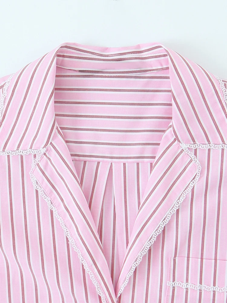KUCLUT Damesmode met zak Roze gestreepte blouse met enkele rij knopen Vintage revershals met lange mouwen Vrouwelijke chique damesoverhemden