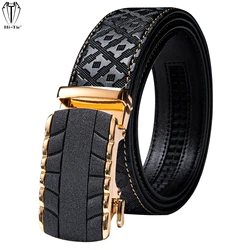 3.5cm Wide Mens Genuine Leather Belts Black Embossed Ratchet Waistband Straps for Men Dress Jeans Automatic Buckles Adjustable