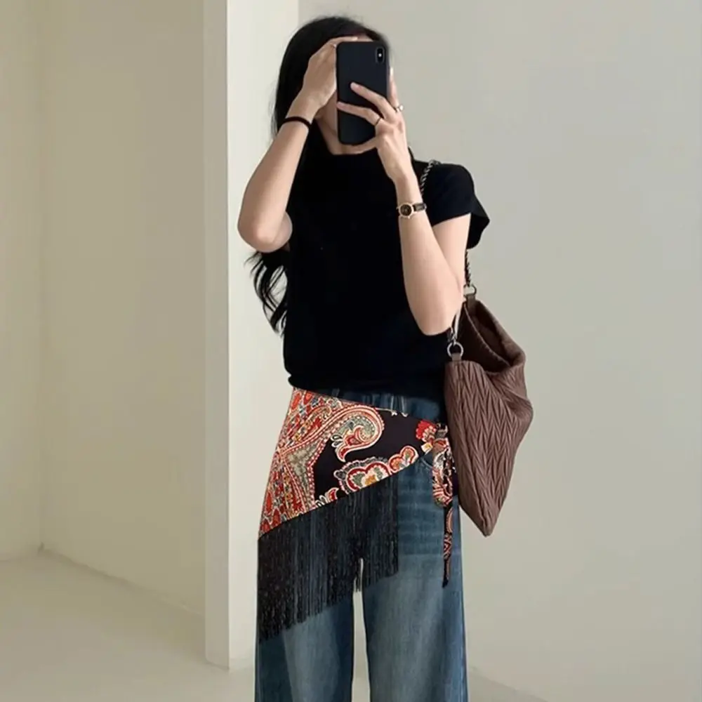 Cintura triangolare etnica con nappa, cintura triangolare floreale stile Spice Girl, stampa ricamata squisita