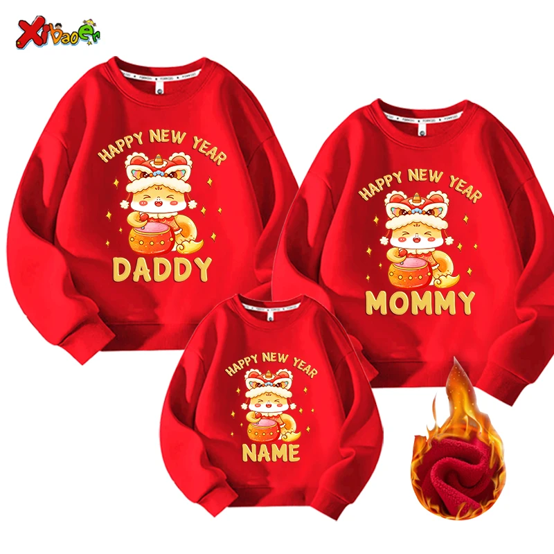 

Happy New Year Clothes Family Sweatshirt Matching Outfits Warm Winter Kids Pullover Outfit Hoodie Sweater Chinese Year Clothing