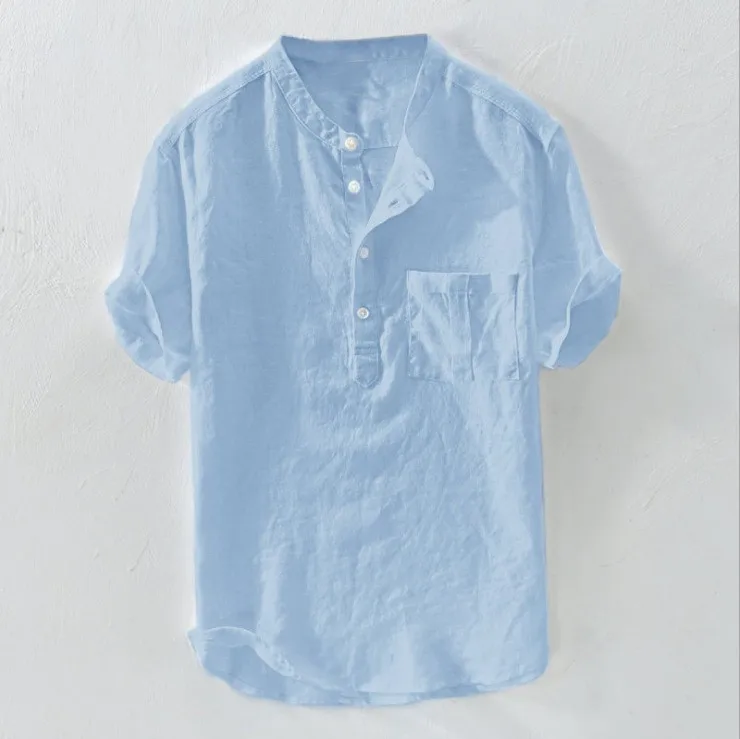 

Men's White Linen Cotton T-irt ort Sve Stand Collar Pure Color Summer irt Youth Trend Stand Fit Chinese Sle