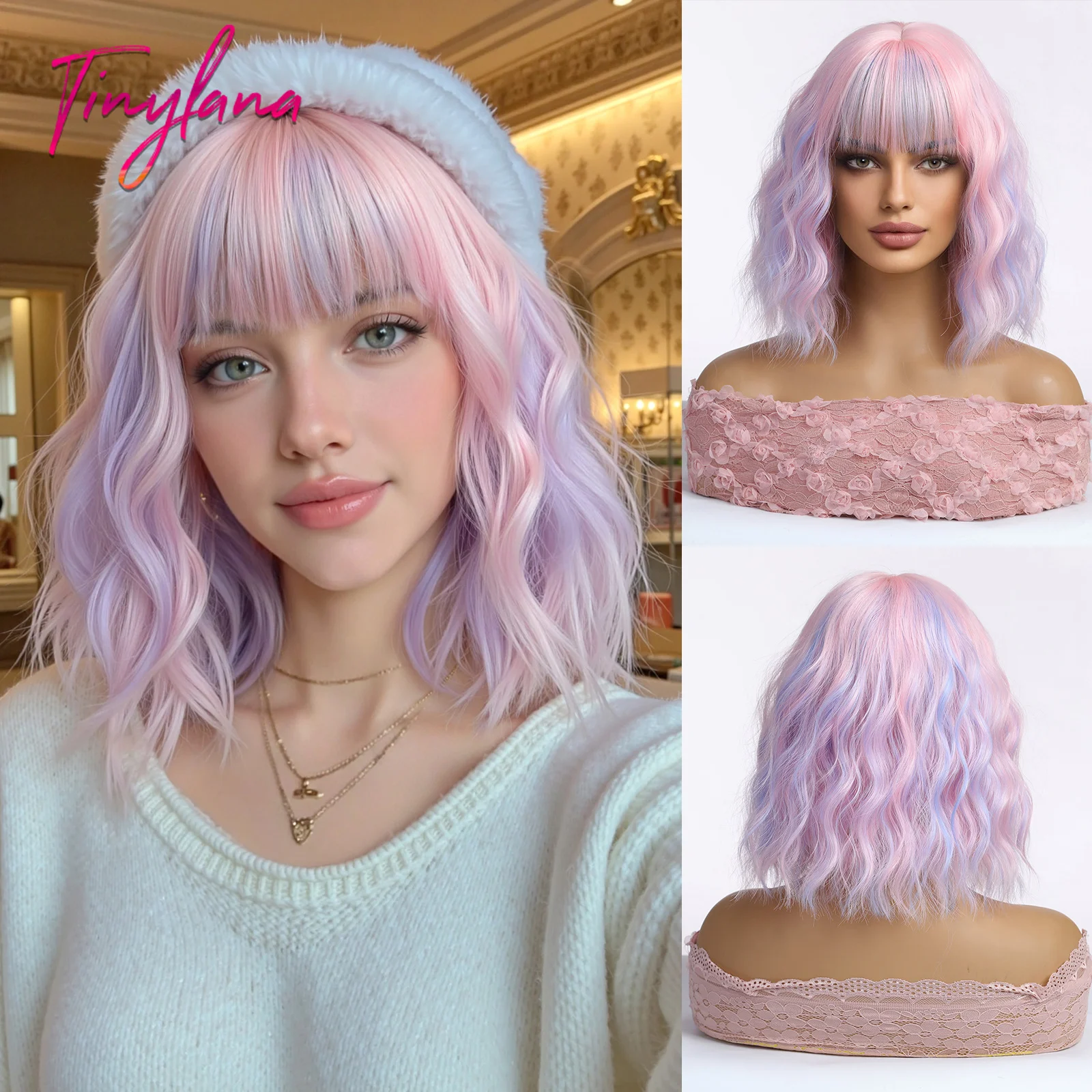 Pink Purple Mixed Blue Curly Wavy Synthetic Wigs with Bangs for Women Colorful Party Cosplay Natural Hair Wig Heat Resistant Use