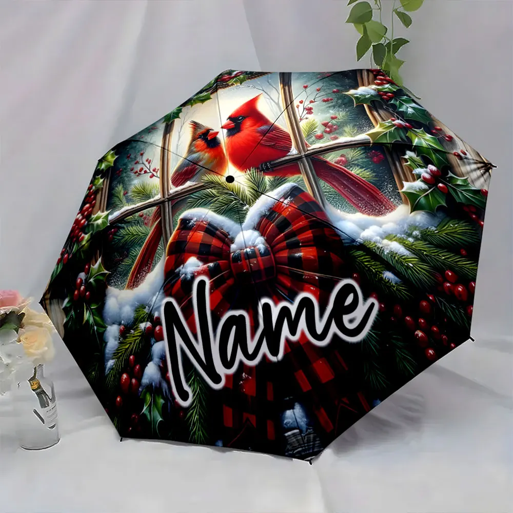 Custom Name  Festive Cardinal Umbrella - A Winter Wonderland Print 8 Iron Ribs Folding Umbrella Auto-Open Fashion Sunshade