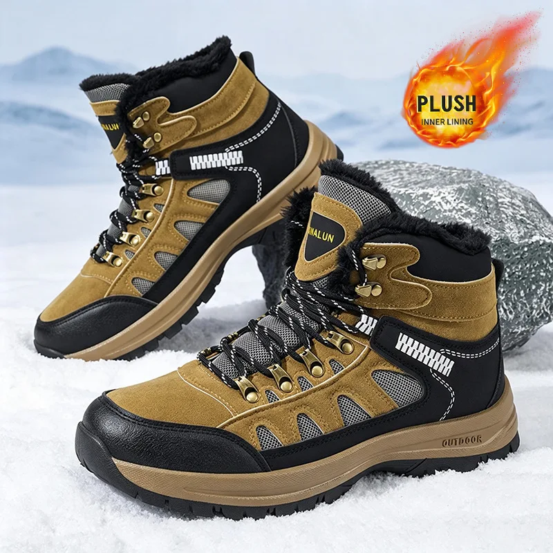 Botas de Nieve para Hombre, Invierno 2026, Zapatillas de Cuero Impermeables, Forradas de Felpa, Botas de Senderismo de Alta Calidad para Exteriores, Zapatos de Trabajo, Talla Grande 48